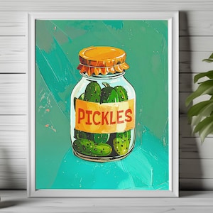 pickle jar art, food pickle print, whimsical wall art, jar of pickle art, retro food art, pickle kitchen print wall decor, pickle poster 214
