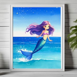 kawaii mermaid print, purple hair mermaid print, cute mermaid print, mermaid decor, aesthetic mermaid print, fantasy mermaid wall art 177