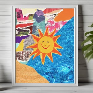 sun collage, retro collage, abstract collage, whimsical art, surreal collage print, contemporary collage, mixed media printable art 101