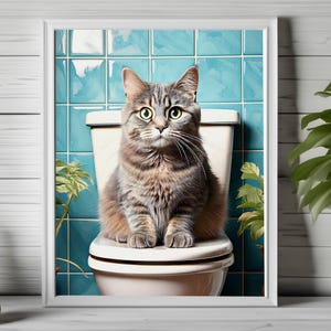 Gray Cat on Toilet, Funny Cat Print, Whimsical Cat Print, Printable Art for Bathroom, Grey Whimsical Cat, Animal Printable Art Print 104