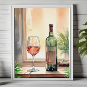 Wine Wall Art, Wine Art Print, Kitchen Wall Art, Kitchen Printable Art, Cozy Art, Red Wine and Glass Art, Food Theme Printable Art Print 032