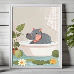 cute hippo art, funny bathroom decor, whimsical hippo print, kawaii hippo poster, cozy animal art, hippo animal print, bathroom wall art 210