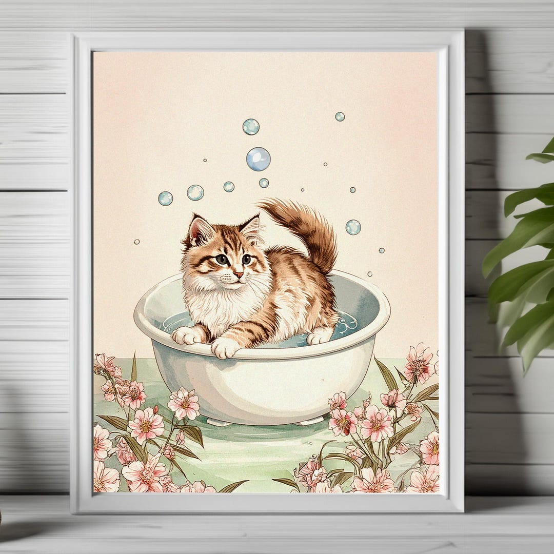 Cute Kitten Print, Kawaii Kitty Decor, Bath Kitten Print, Art for ...