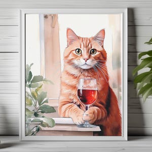 funny wine cat print, sophisticated cat poster, whimsical animal art, feline humor decor, cat and wine wall art, cat holding wine glass 138