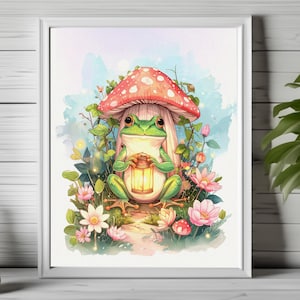 cottagecore frog decor, fantasy forest print, printable nature wall art, woodland frog art print, cute frog print,  cozy frog art print 168
