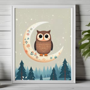 whimsical owl art print, moon and owl print, forest animal decor, nursery woodland wall art, dreamy owl poster, children’s animal print 213