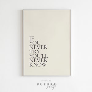 May include: A framed print with the text "IF YOU NEVER TRY YOU'LL NEVER KNOW" and the words "LETTERS TO FUTURE self" below the text.