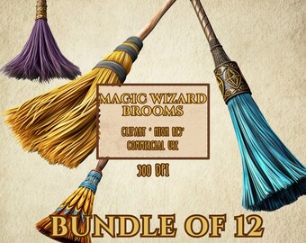 Wizard Broom Magical Witch Broom Magical Broom Bundle Of 12, Transparent Background, High Resolution, 300 DPI, PNG Files