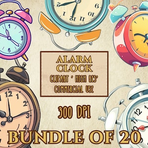 Wecker-Bundle mit 20 hochauflösenden ClipArt-PNG-Dateien mit transparentem Hintergrund und 300 DPI