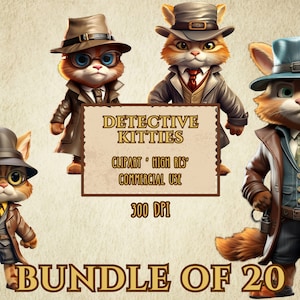 Detective Kitties Bundle Of 20 High Resolution Clip Art 300 DPI Transparent Background PNG Files
