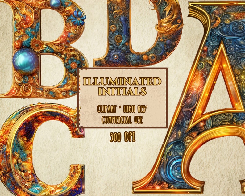 Illuminated Initials Clipart, Full Alphabet, 300 DPI, Clear Background