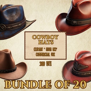 Lot de 20 chapeaux de cowboy clipart haute résolution 300 ppp sur fond transparent fichiers PNG