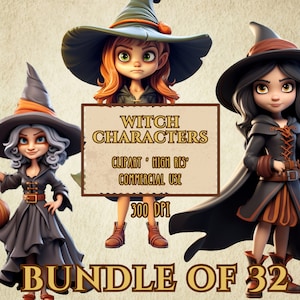 Pacote de personagens de bruxa com 32 personagens de fantasia, clipart animado de bruxa, 300 DPI, alta resolução, fundo transparente PNG