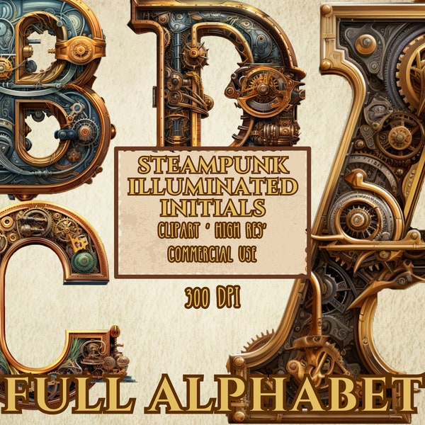 Steampunk Illuminated Initials Full Alphabet High Resolution Transparent Background PNG Files 300 DPI