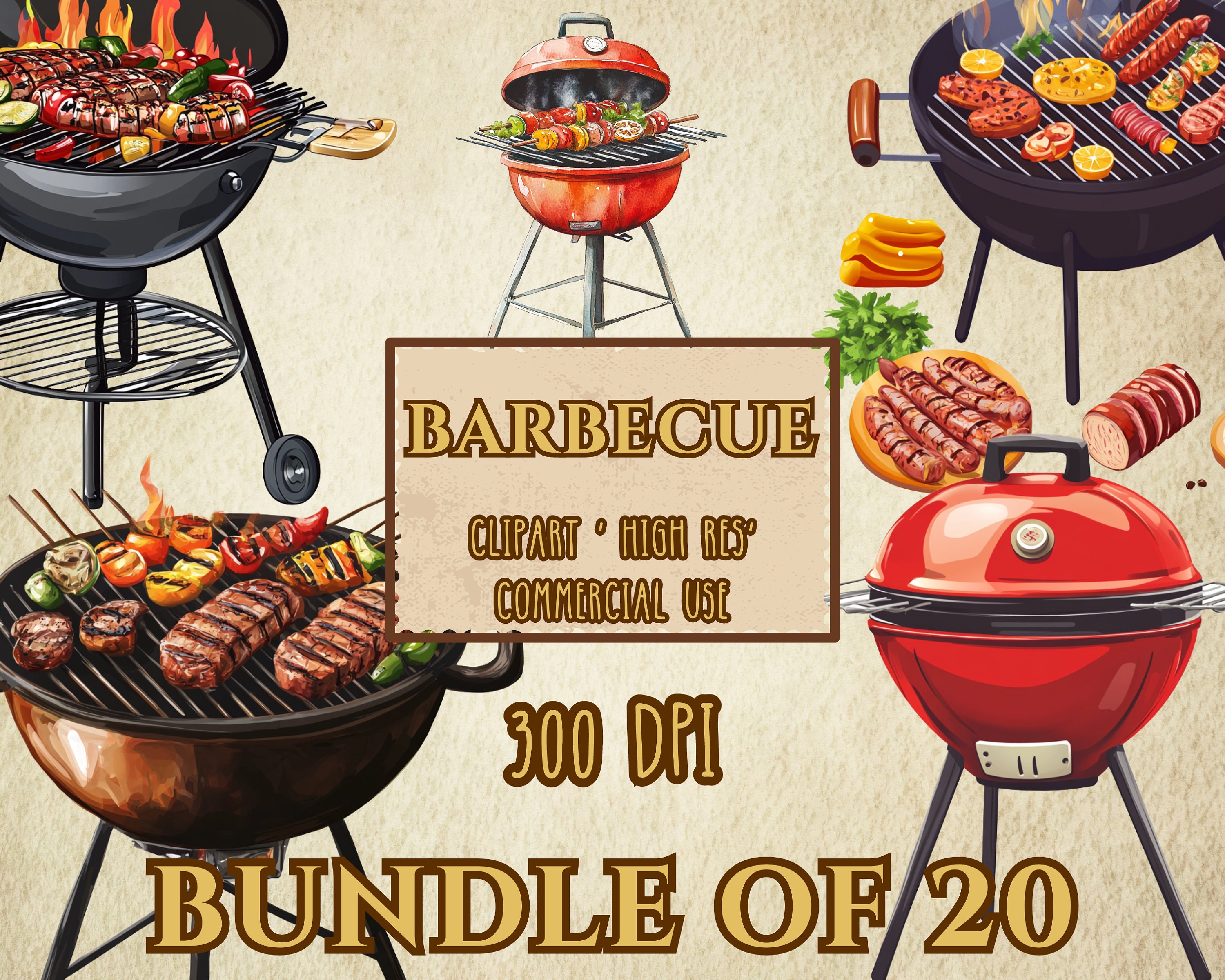 Barbecue Clip Art Bundle of 20 High Resolution 300 DPI PNG Files  Transparent Background - Etsy, image size:3000x2401