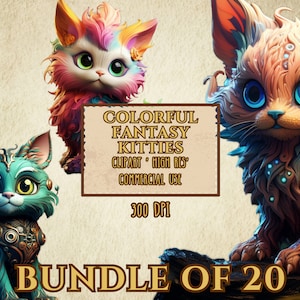 Colorful Fantasy Kitties Bundle Of 20 High Resolution Clip Art 300 DPI Transparent Background PNG Files