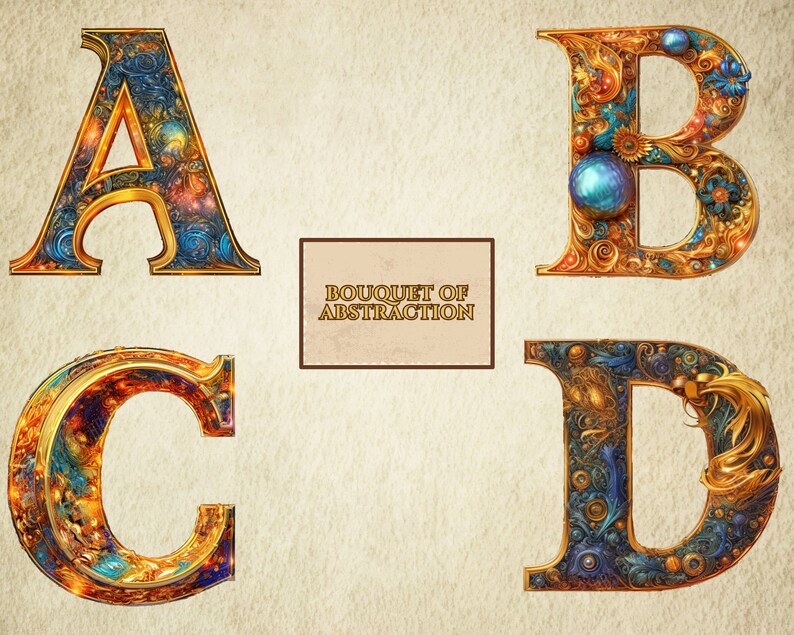 Illuminated Initials Clipart, Full Alphabet, 300 DPI, Clear Background