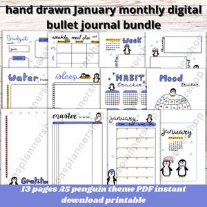 January 2025 digital bullet journal monthly setup penguin theme 13 pages with weekly spreads winter colors | pdf instant download printable