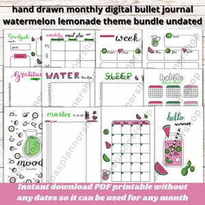 Op de afbeelding: Een digitale printbare bullet journal set met een watermeloen- en limonadethema. De pagina's bevatten secties voor budgettering, maaltijdplanning, waterinname, slaaptracking, gewoontetracking, stemmingstracking en een master to-do list. De pagina's zijn versierd met watermeloenplakjes, citroenen en een kan limonade.