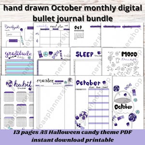 May include: A digital printable bullet journal bundle with a Halloween candy theme. The pages include a budget tracker, weekly meal planner, October calendar, gratitude log, sleep tracker, mood tracker, habit tracker, master to-do list, and a blank page with a candy bucket and the word "October".