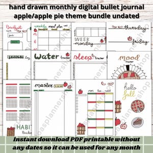 May include: A printable digital bullet journal set with an apple and apple pie theme. The set includes pages for budgeting, meal planning, water tracking, sleep tracking, mood tracking, habit tracking, and a master to-do list. The pages are decorated with apples, apple slices, and apple pies.