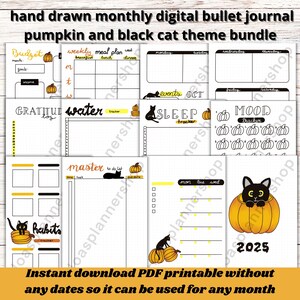 undated digital bullet journal monthly bundle pumpkin + black cat theme planner 13 pages with weekly spreads| pdf instant download printable