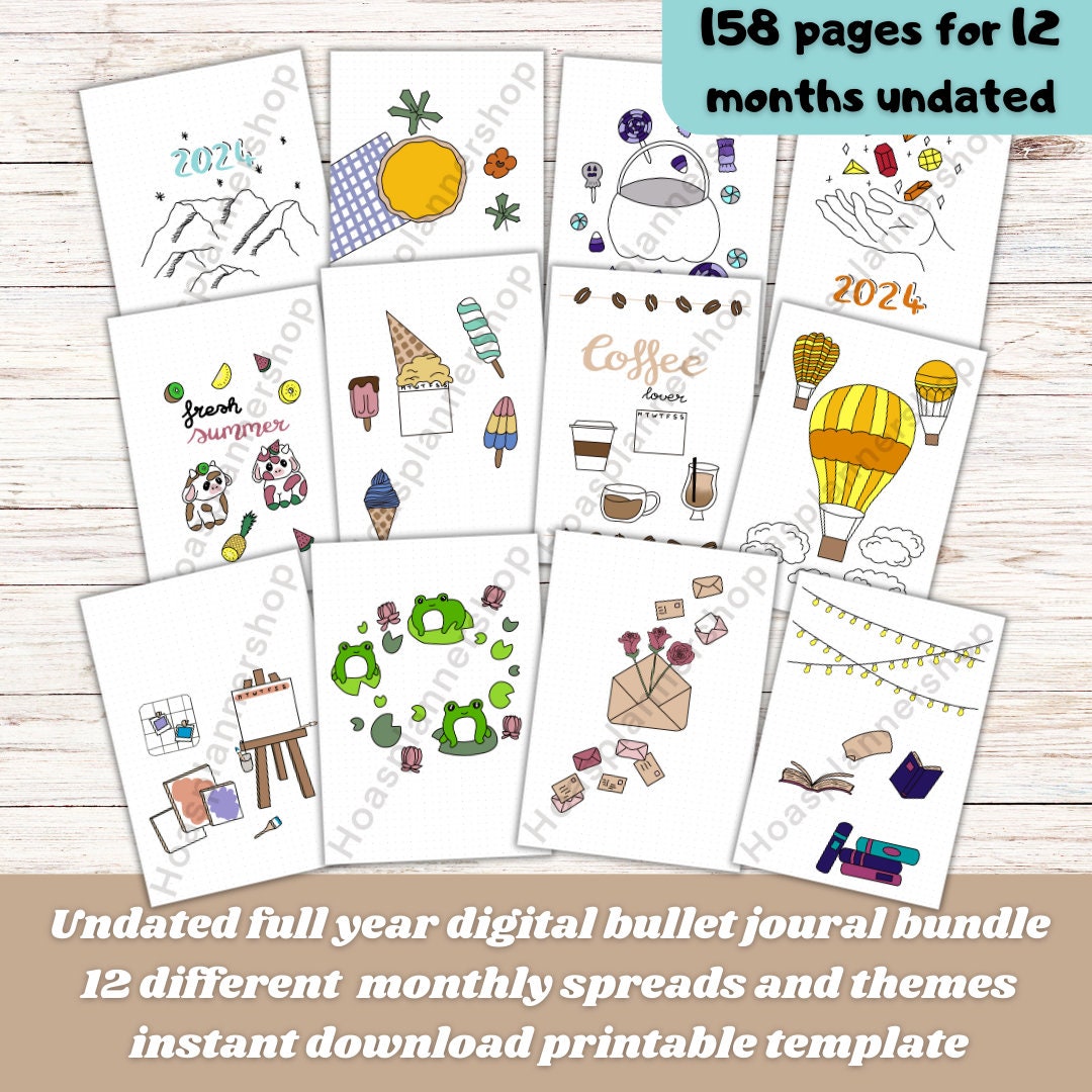 Full Year Undated Bullet Journal 12 Months Bundle Hand Drawn Themes ...