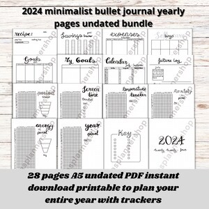 2025 digital minimalist bullet journal planner -28 pages- yearly pages and trackers UNDATED in black&white | pdf instant download printable