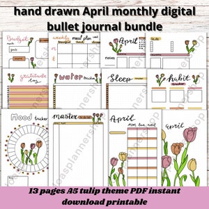 May include: A set of 13 printable A5 bullet journal pages featuring a tulip theme. The pages include a budget tracker, weekly meal planner, gratitude log, water tracker, sleep tracker, habit tracker, mood tracker, master to-do list, and monthly calendar pages for April.