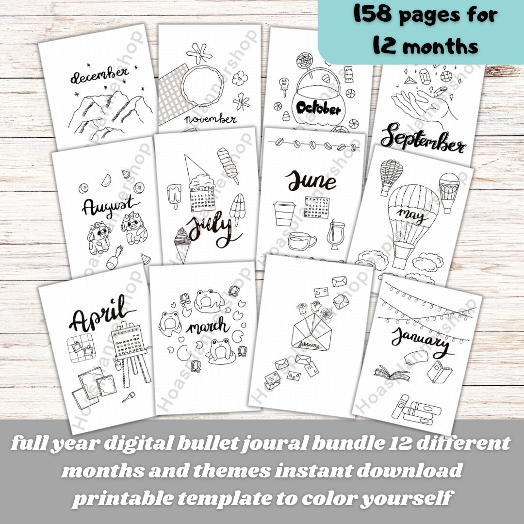 Full Year Bullet Journal 12 Months Bundle Hand Drawn Themes Premade ...