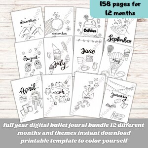 Full year bullet journal 12 months bundle hand drawn themes premade spread not colored printable instant download template A5 with 158 pages