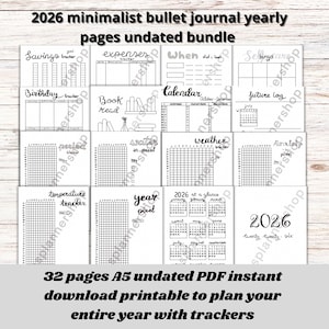 Planner digital minimalista estilo bullet journal 2026 - 32 páginas - páginas anuais e rastreadores SEM DATAS em preto e branco | download instantâneo em PDF para impressão