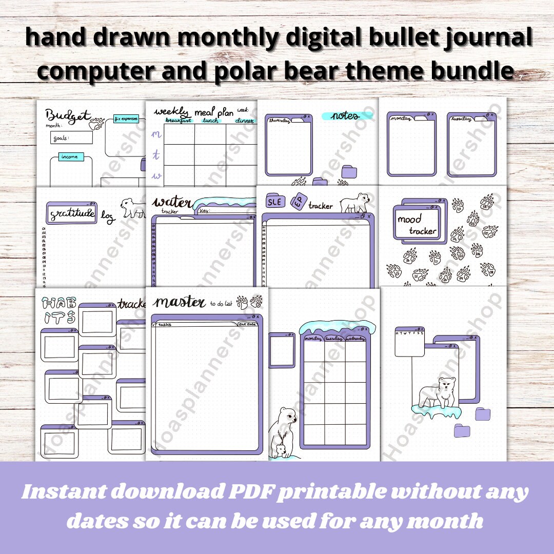 Undated Digital Bullet Journal Monthly Bundle Computer+ Polar Bear ...