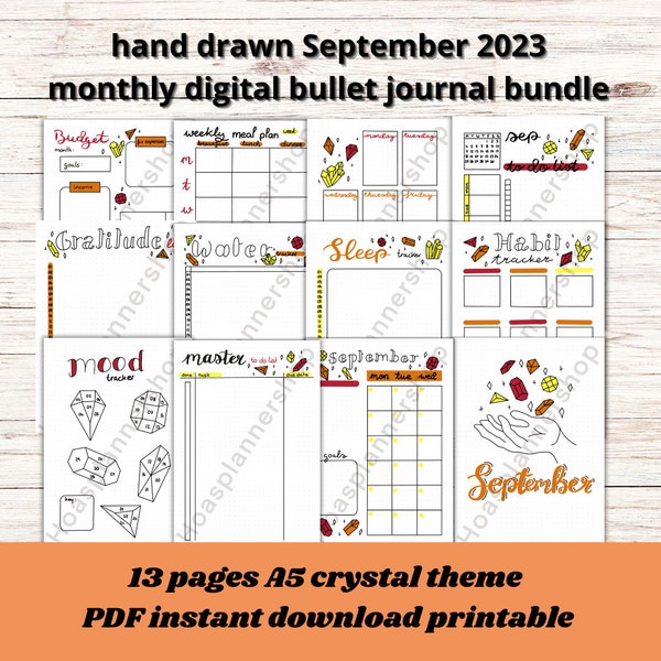 September 2023 digital bullet journal monthly setup crystal theme 13 pages with weekly spread warm colors | pdf instant download printable