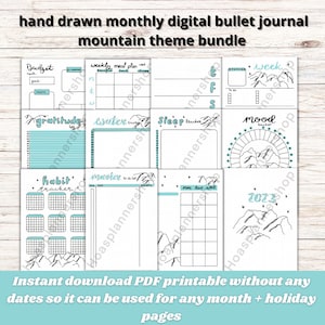 UNDATED digital bullet journal monthly bundle mountain theme planner 15 pages with weekly spreads| pdf instant download printable