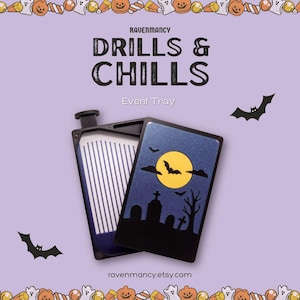 May include: A black rectangular event tray with a sliding lid featuring a graveyard scene under a yellow full moon. The tray interior has white vertical channels for sorting. Text reads RAVENMANCY DRILLS & CHILLS Event Tray and ravenmancy.etsy.com.