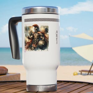 ARES Travel Mug - 14oz Greek God of War Mug, Greek Mythology Gift, Olympian Gods Stainless Steel Travel Mug, Mars Mug, Greek Key Design