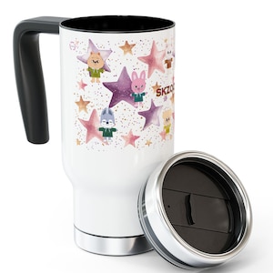 SKZOO Stainless Steel Travel Mug, 14oz Cute Characters Mug for Kpop Fans, Stray Kids Merch, STAY Fan Merch, Skzoo Travel Cup with Handle