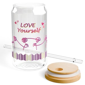 BTS Love Yourself Sipper Glass: 16oz, Kpop Fan Gift with Bamboo Lid