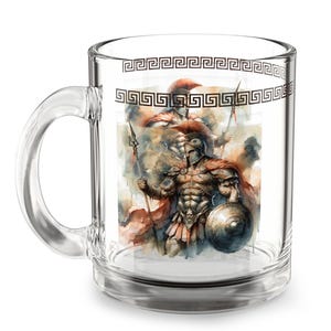 ARES Glass Mug, 10oz - Greek God of War mug, Greek Mythology Gift, Olympian Gods Cup, Greek Key Design | Mars Mug, Classical Mythology