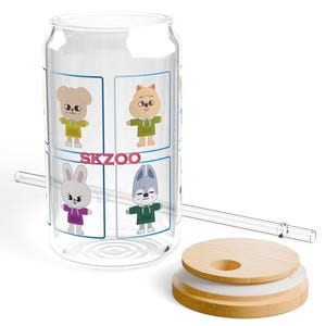 Kpop Sipper Glass, SKZOO Glass Cup (16oz), Kpop Fan Gift, Kpop Glassware, STAY Fan Merch, Cute Skzoo Characters Cup, Stray Kids Merch