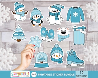 Adorable paquete de pegatinas PNG de invierno / Pegatinas digitales de personajes de invierno