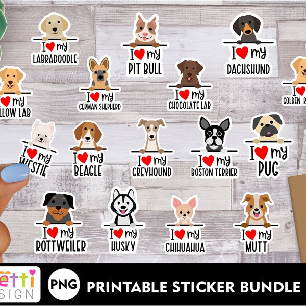 I love my dog breed PNG sticker bundle, V1