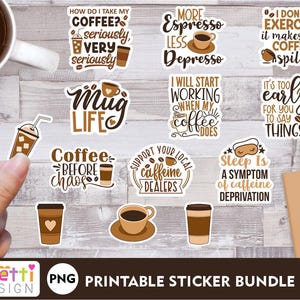 Pacchetto PNG adesivi caffè, adesivi stampabili digitali divertenti per caffè