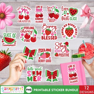 Stickerbundel Berry Sweet Summer | Afdrukbare png-stickers met kersen en watermeloen | Digitale stickerset met fruitthema