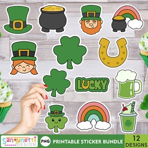 May include: A set of 12 printable stickers featuring a variety of St. Patrick's Day themed designs, including shamrocks, leprechauns, pots of gold, and lucky horseshoes.