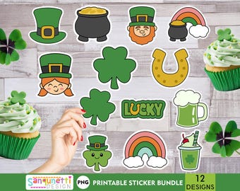 Puede incluir: Un conjunto de 12 pegatinas imprimibles con una variedad de diseños temáticos del Día de San Patricio, incluyendo tréboles, duendes, ollas de oro y herraduras de la suerte.