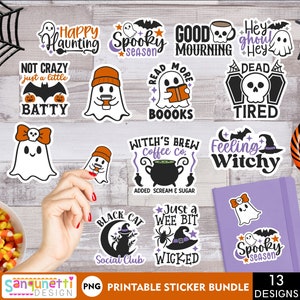 May include: A set of 13 printable Halloween sticker designs featuring ghosts, bats, witches, and other spooky characters. The stickers are perfect for adding a touch of Halloween fun to your home, office, or classroom.