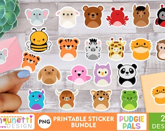 May include: A set of 20 printable stickers featuring cute cartoon animals. The stickers are in various colours and feature animals such as a bee, a tiger, a zebra, a giraffe, a panda, a frog, and a monster. The stickers are perfect for adding a touch of whimsy to your projects.