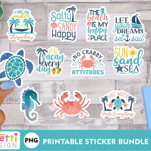 Beach and summer PNG sticker bundle, Beach digital stickers